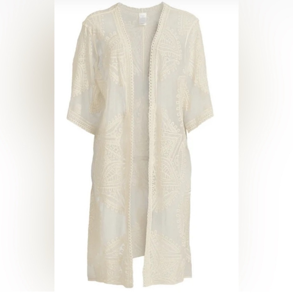 Cream Embroidered Kimono Swim Cover Up